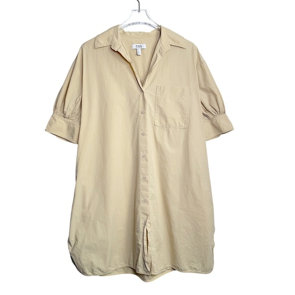 COS Dresses & Skirts - COS Shirt Dress Womens Size 6 Beige Oversized Puff Sleeve Button Front Pocket